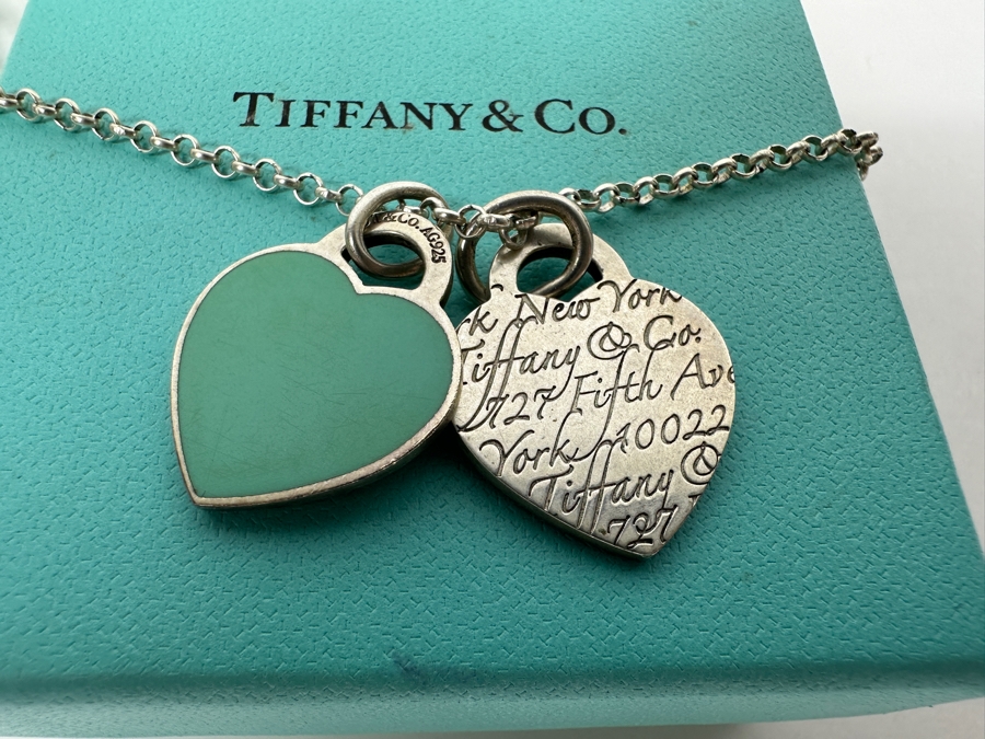 Tiffany & Co Sterling Silver Return To Tiffany Double Heart Tag Pendants With 18' Sterling Silver Chain Necklace 15.1g [Photo 8]