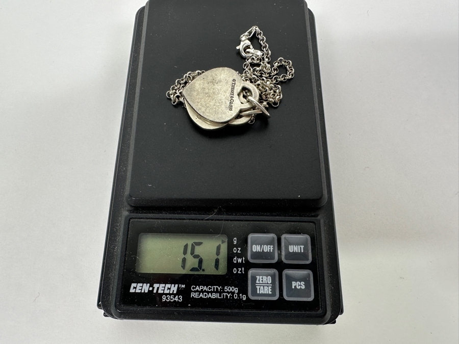 Tiffany & Co Sterling Silver Return To Tiffany Double Heart Tag Pendants With 18' Sterling Silver Chain Necklace 15.1g [Photo 13]