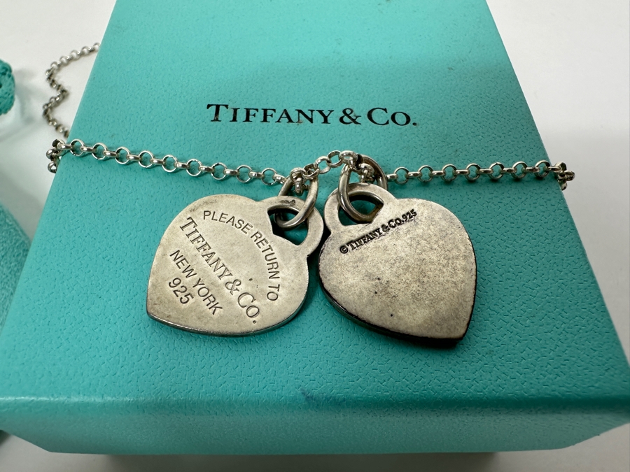 Tiffany & Co Sterling Silver Return To Tiffany Double Heart Tag Pendants With 18' Sterling Silver Chain Necklace 15.1g [Photo 9]
