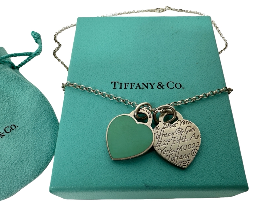 Tiffany & Co Sterling Silver Return To Tiffany Double Heart Tag Pendants With 18' Sterling Silver Chain Necklace 15.1g
