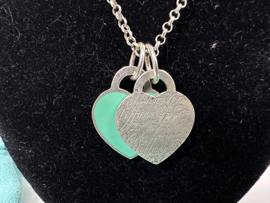 Tiffany & Co Sterling Silver Return To Tiffany Double Heart Tag Pendants With 18' Sterling Silver Chain Necklace 15.1g [Photo 6]