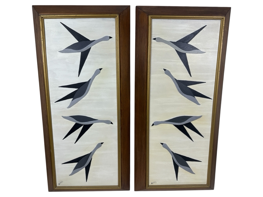 Vintage Mid-Century Modern Applied Layered Wooden Flying Birds Artwork Diptypch Each Measures 16 X 34 [Photo 1]