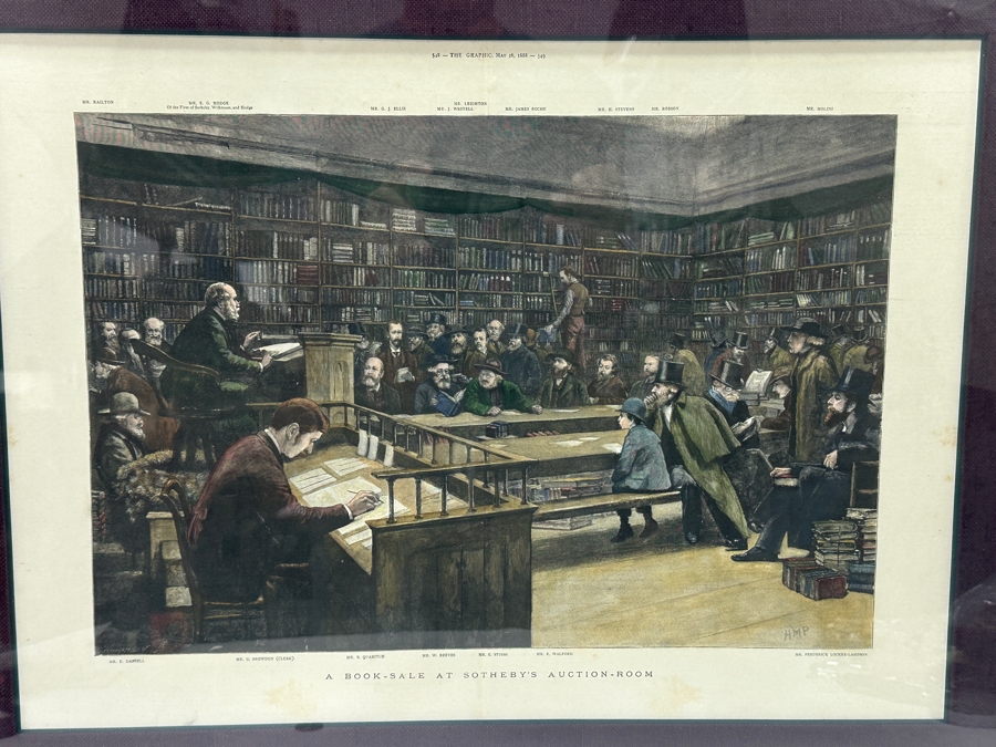 Antique 1888 Engraving Titled 'A Book-Sale At Sotheby's Auction-Room' That Appeared As Centerfold In The Graphic On May 26, 1888 In London Featuring Prominent London Book Dealers 19 X 15 Framed 28.5 X 23 [Photo 3]