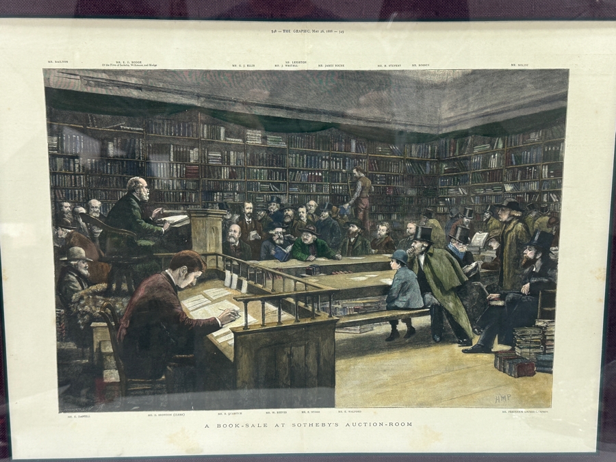 Antique 1888 Engraving Titled 'A Book-Sale At Sotheby's Auction-Room' That Appeared As Centerfold In The Graphic On May 26, 1888 In London Featuring Prominent London Book Dealers 19 X 15 Framed 28.5 X 23 [Photo 1]