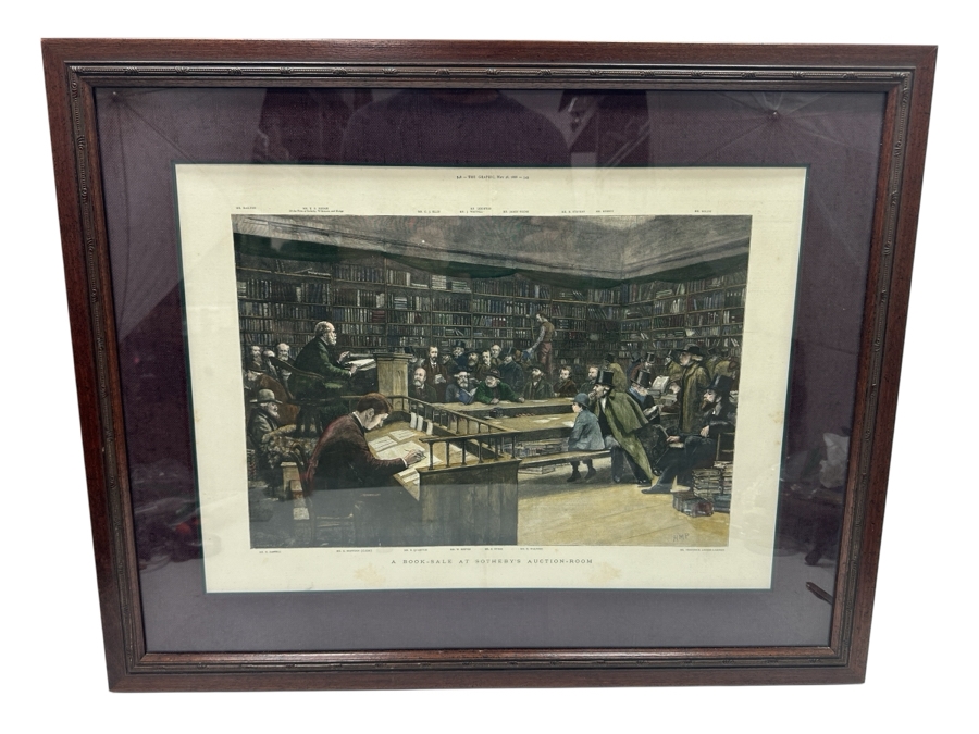 Antique 1888 Engraving Titled 'A Book-Sale At Sotheby's Auction-Room' That Appeared As Centerfold In The Graphic On May 26, 1888 In London Featuring Prominent London Book Dealers 19 X 15 Framed 28.5 X 23 [Photo 2]