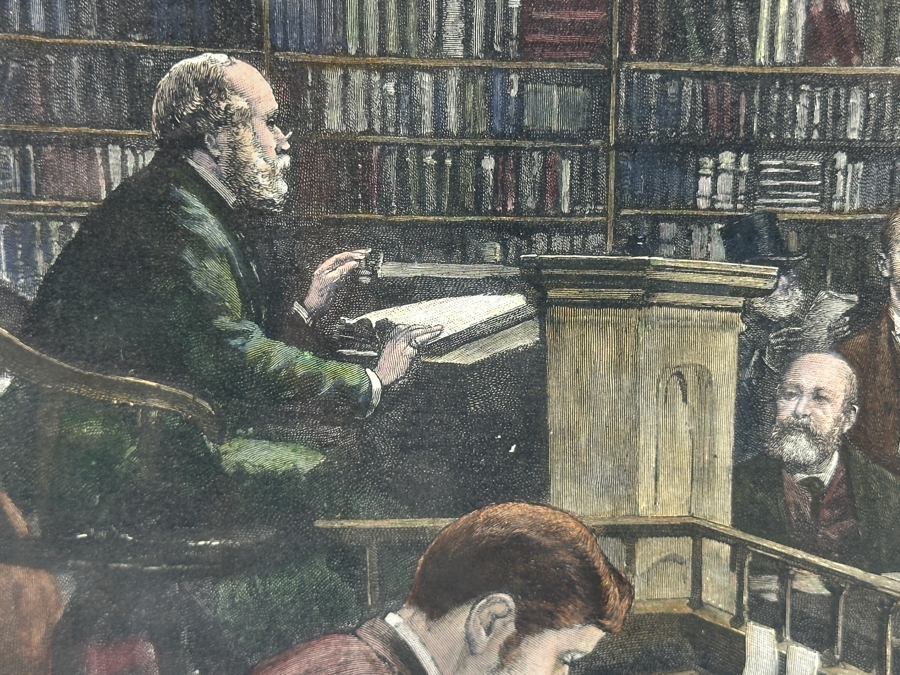 Antique 1888 Engraving Titled 'A Book-Sale At Sotheby's Auction-Room' That Appeared As Centerfold In The Graphic On May 26, 1888 In London Featuring Prominent London Book Dealers 19 X 15 Framed 28.5 X 23 [Photo 9]