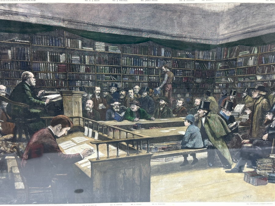 Antique 1888 Engraving Titled 'A Book-Sale At Sotheby's Auction-Room' That Appeared As Centerfold In The Graphic On May 26, 1888 In London Featuring Prominent London Book Dealers 19 X 15 Framed 28.5 X 23 [Photo 4]