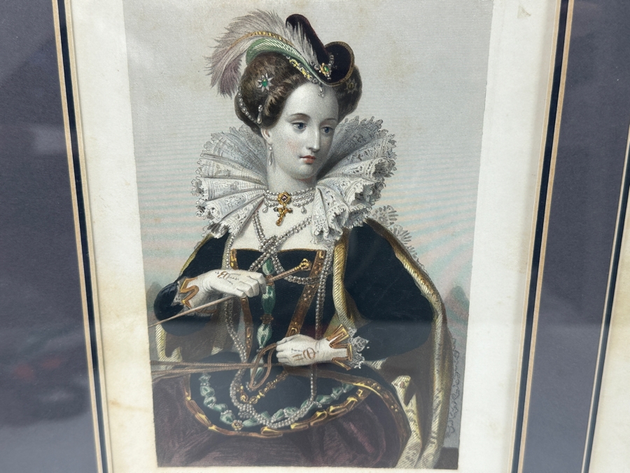 Set Of Three Antique Engravings Of English Queens: Queen Elizabeth At Tilbury Fort, Catherine Of Aragon Queen To Henry 6th And Katherine Of Valois Queen To Henry 5th - Each Measures 6 X 8.5 - Frame Measures 26.5 X 15 [Photo 4]