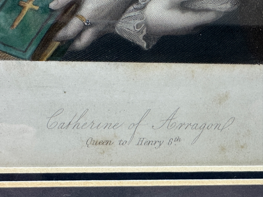 Set Of Three Antique Engravings Of English Queens: Queen Elizabeth At Tilbury Fort, Catherine Of Aragon Queen To Henry 6th And Katherine Of Valois Queen To Henry 5th - Each Measures 6 X 8.5 - Frame Measures 26.5 X 15 [Photo 14]