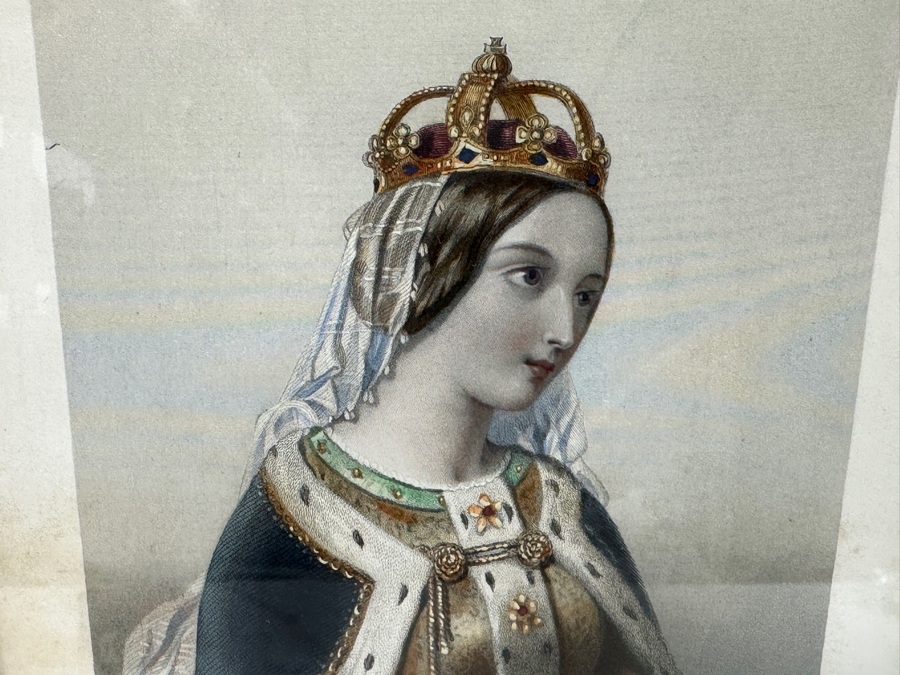Set Of Three Antique Engravings Of English Queens: Queen Elizabeth At Tilbury Fort, Catherine Of Aragon Queen To Henry 6th And Katherine Of Valois Queen To Henry 5th - Each Measures 6 X 8.5 - Frame Measures 26.5 X 15 [Photo 8]