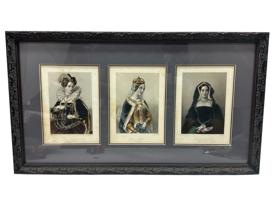 Set Of Three Antique Engravings Of English Queens: Queen Elizabeth At Tilbury Fort, Catherine Of Aragon Queen To Henry 6th And Katherine Of Valois Queen To Henry 5th - Each Measures 6 X 8.5 - Frame Measures 26.5 X 15 [Photo 2]