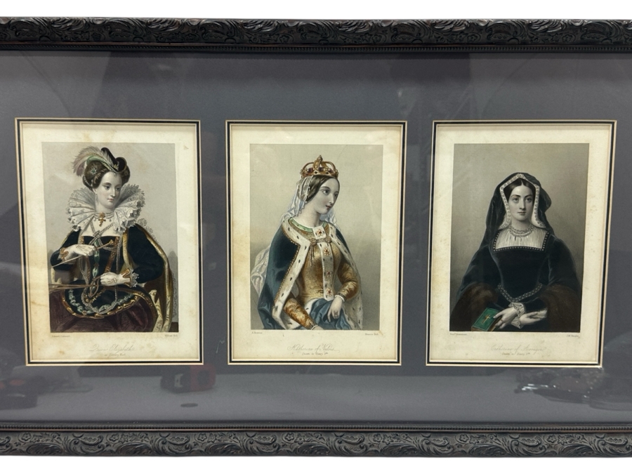 Set Of Three Antique Engravings Of English Queens: Queen Elizabeth At Tilbury Fort, Catherine Of Aragon Queen To Henry 6th And Katherine Of Valois Queen To Henry 5th - Each Measures 6 X 8.5 - Frame Measures 26.5 X 15 [Photo 1]