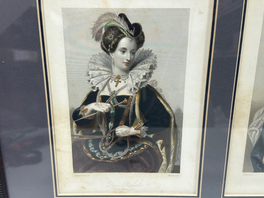 Set Of Three Antique Engravings Of English Queens: Queen Elizabeth At Tilbury Fort, Catherine Of Aragon Queen To Henry 6th And Katherine Of Valois Queen To Henry 5th - Each Measures 6 X 8.5 - Frame Measures 26.5 X 15 [Photo 3]