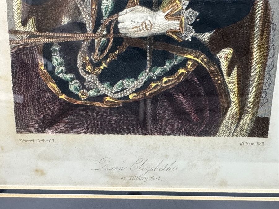 Set Of Three Antique Engravings Of English Queens: Queen Elizabeth At Tilbury Fort, Catherine Of Aragon Queen To Henry 6th And Katherine Of Valois Queen To Henry 5th - Each Measures 6 X 8.5 - Frame Measures 26.5 X 15 [Photo 6]