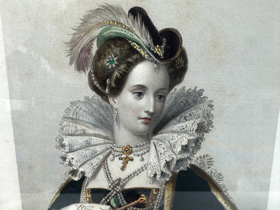 Set Of Three Antique Engravings Of English Queens: Queen Elizabeth At Tilbury Fort, Catherine Of Aragon Queen To Henry 6th And Katherine Of Valois Queen To Henry 5th - Each Measures 6 X 8.5 - Frame Measures 26.5 X 15 [Photo 5]