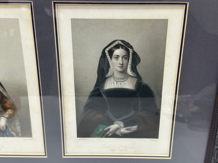 Set Of Three Antique Engravings Of English Queens: Queen Elizabeth At Tilbury Fort, Catherine Of Aragon Queen To Henry 6th And Katherine Of Valois Queen To Henry 5th - Each Measures 6 X 8.5 - Frame Measures 26.5 X 15 [Photo 11]