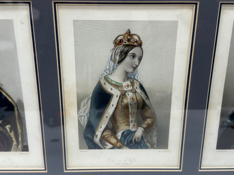 Set Of Three Antique Engravings Of English Queens: Queen Elizabeth At Tilbury Fort, Catherine Of Aragon Queen To Henry 6th And Katherine Of Valois Queen To Henry 5th - Each Measures 6 X 8.5 - Frame Measures 26.5 X 15 [Photo 7]