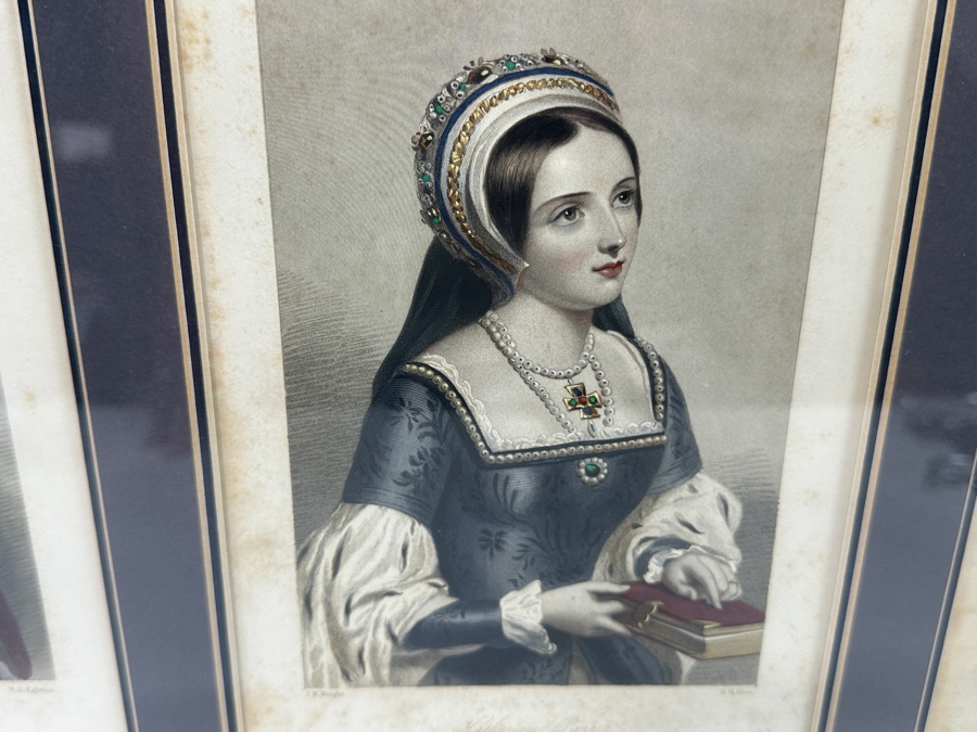 Set Of Three Antique Engravings Of English Queens: Mary The First Of England, Katherine Parr 6th Queen Of Henry 8th And Anne Boleyn - Each Measures 6 X 8.5 - Frame Measures 26.5 X 15 [Photo 8]