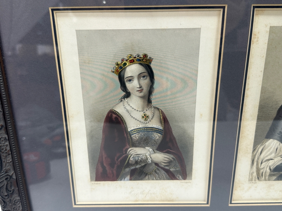 Set Of Three Antique Engravings Of English Queens: Mary The First Of England, Katherine Parr 6th Queen Of Henry 8th And Anne Boleyn - Each Measures 6 X 8.5 - Frame Measures 26.5 X 15 [Photo 4]