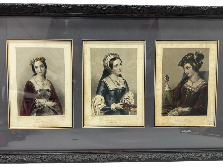 Set Of Three Antique Engravings Of English Queens: Mary The First Of England, Katherine Parr 6th Queen Of Henry 8th And Anne Boleyn - Each Measures 6 X 8.5 - Frame Measures 26.5 X 15 [Photo 1]