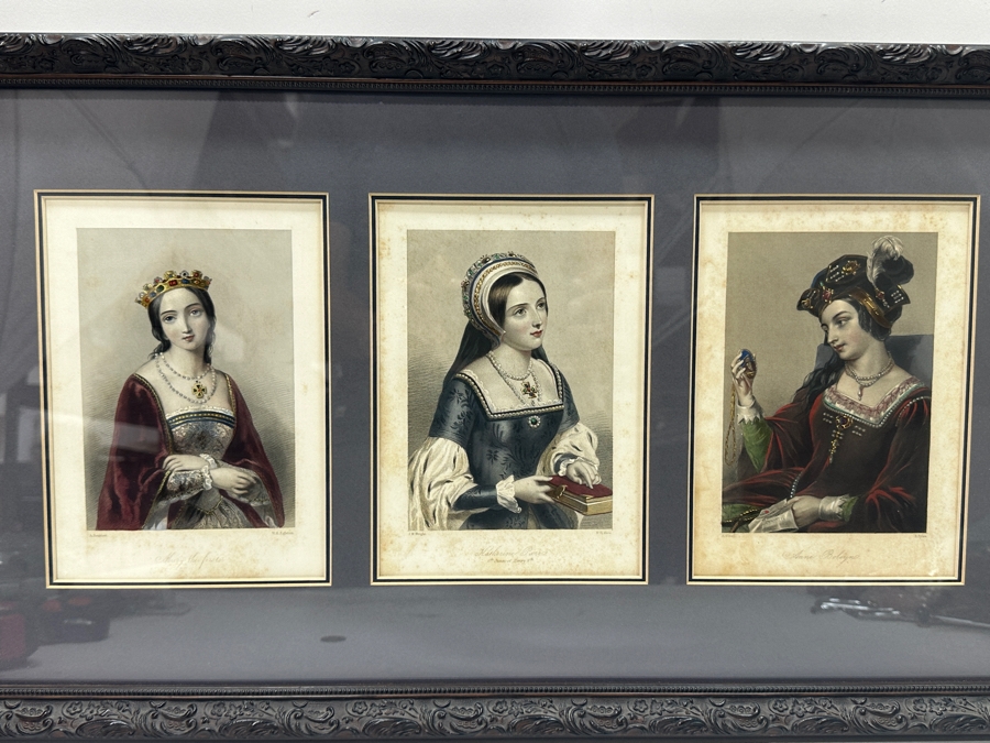 Set Of Three Antique Engravings Of English Queens: Mary The First Of England, Katherine Parr 6th Queen Of Henry 8th And Anne Boleyn - Each Measures 6 X 8.5 - Frame Measures 26.5 X 15 [Photo 3]