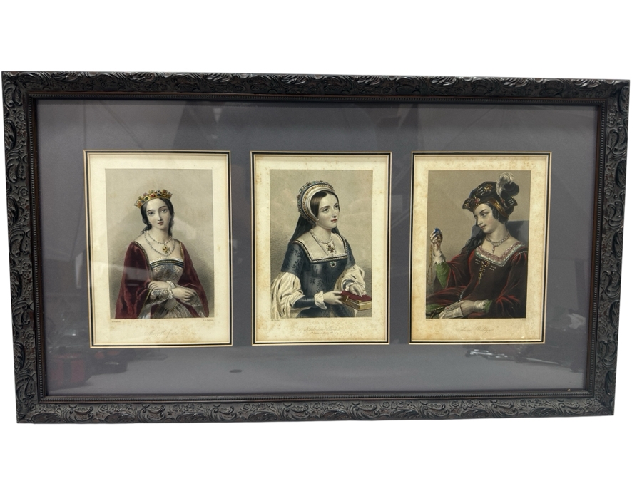 Set Of Three Antique Engravings Of English Queens: Mary The First Of England, Katherine Parr 6th Queen Of Henry 8th And Anne Boleyn - Each Measures 6 X 8.5 - Frame Measures 26.5 X 15 [Photo 2]