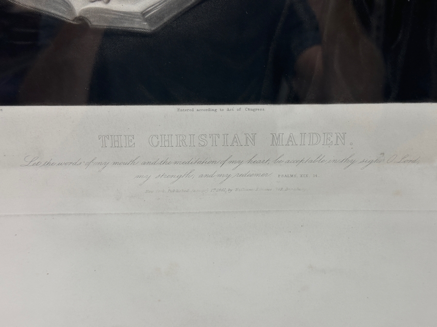 Antique 1861 Engraving By Henry Cousins Based On Painting By H. Merle 'The Christian Maiden' Published By William Schaus New York (Some Water Damage To Top Of Paper) 16 X 20 Framed 26.5 X 35 [Photo 9]