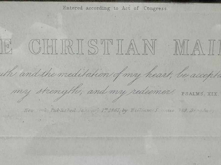 Antique 1861 Engraving By Henry Cousins Based On Painting By H. Merle 'The Christian Maiden' Published By William Schaus New York (Some Water Damage To Top Of Paper) 16 X 20 Framed 26.5 X 35 [Photo 15]