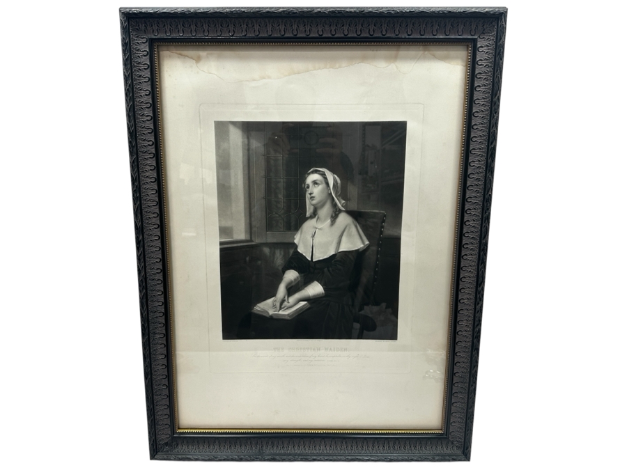 Antique 1861 Engraving By Henry Cousins Based On Painting By H. Merle 'The Christian Maiden' Published By William Schaus New York (Some Water Damage To Top Of Paper) 16 X 20 Framed 26.5 X 35 [Photo 3]