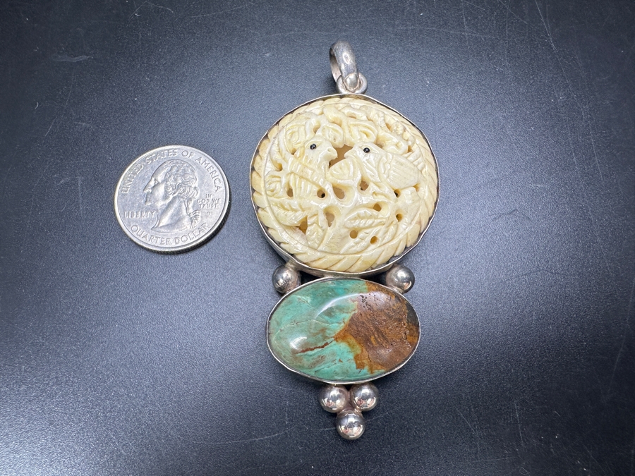 Sterling Silver, Turquoise & Relief Carved Pendant With Pair Of Birds 19.8g [Photo 3]