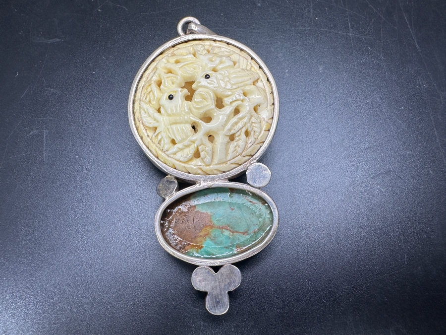 Sterling Silver, Turquoise & Relief Carved Pendant With Pair Of Birds 19.8g [Photo 6]