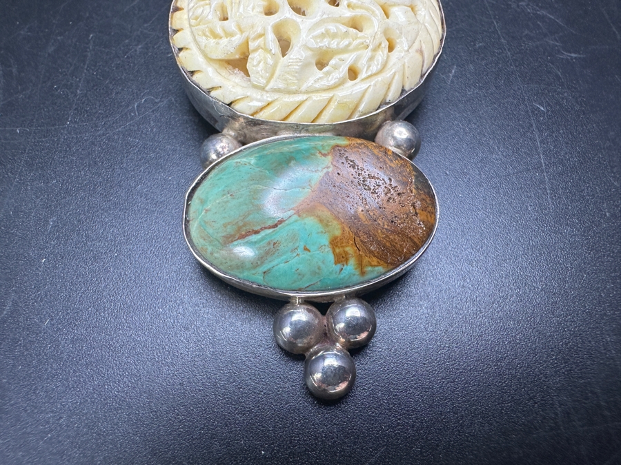 Sterling Silver, Turquoise & Relief Carved Pendant With Pair Of Birds 19.8g [Photo 4]