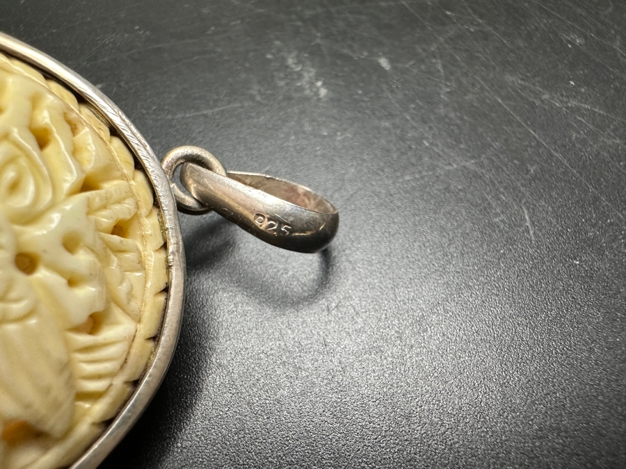 Sterling Silver, Turquoise & Relief Carved Pendant With Pair Of Birds 19.8g [Photo 7]