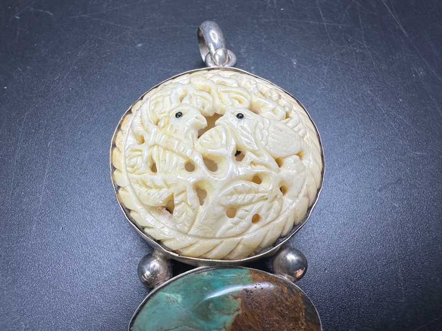 Sterling Silver, Turquoise & Relief Carved Pendant With Pair Of Birds 19.8g [Photo 5]