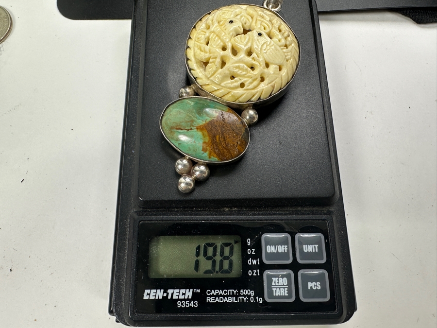 Sterling Silver, Turquoise & Relief Carved Pendant With Pair Of Birds 19.8g [Photo 8]