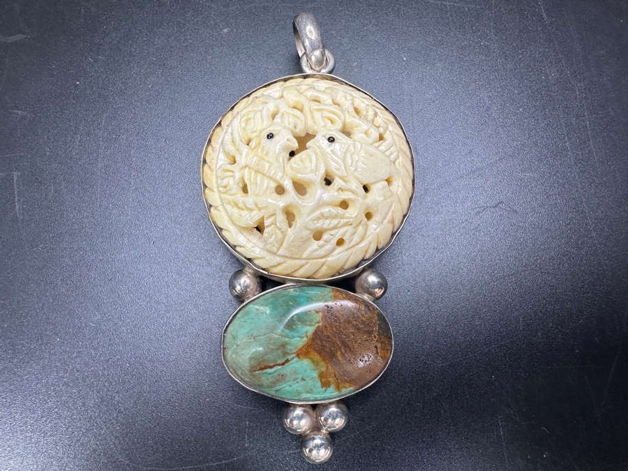 Sterling Silver, Turquoise & Relief Carved Pendant With Pair Of Birds 19.8g [Photo 2]