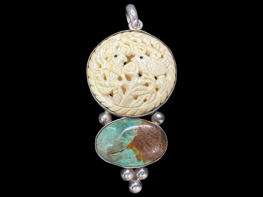 Sterling Silver, Turquoise & Relief Carved Pendant With Pair Of Birds 19.8g