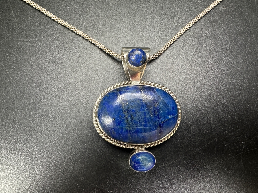 Sterling Silver And Lapis Lazuli Pendant With Sterling Silver 18' Necklace 15.3g [Photo 2]