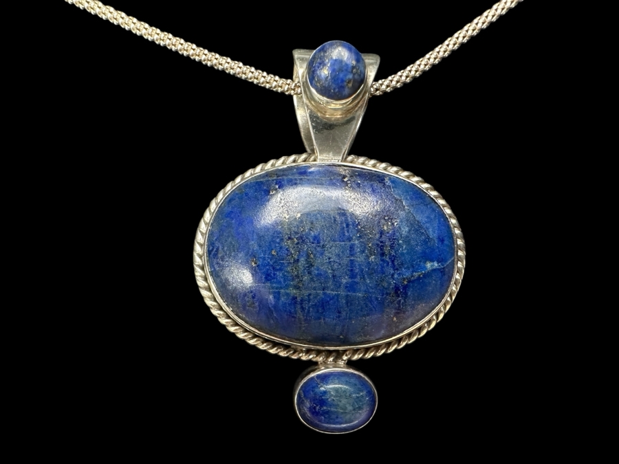 Sterling Silver And Lapis Lazuli Pendant With Sterling Silver 18' Necklace 15.3g
