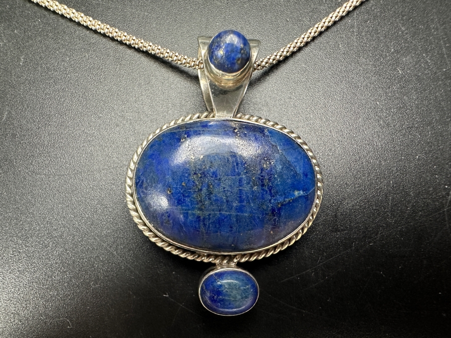 Sterling Silver And Lapis Lazuli Pendant With Sterling Silver 18' Necklace 15.3g [Photo 3]