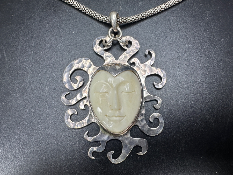 Sterling Silver Carved Pendant With Sterling Silver 32' Necklace 30.6g [Photo 2]