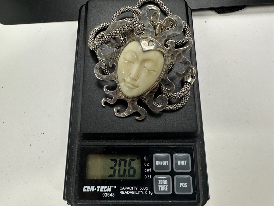 Sterling Silver Carved Pendant With Sterling Silver 32' Necklace 30.6g [Photo 7]