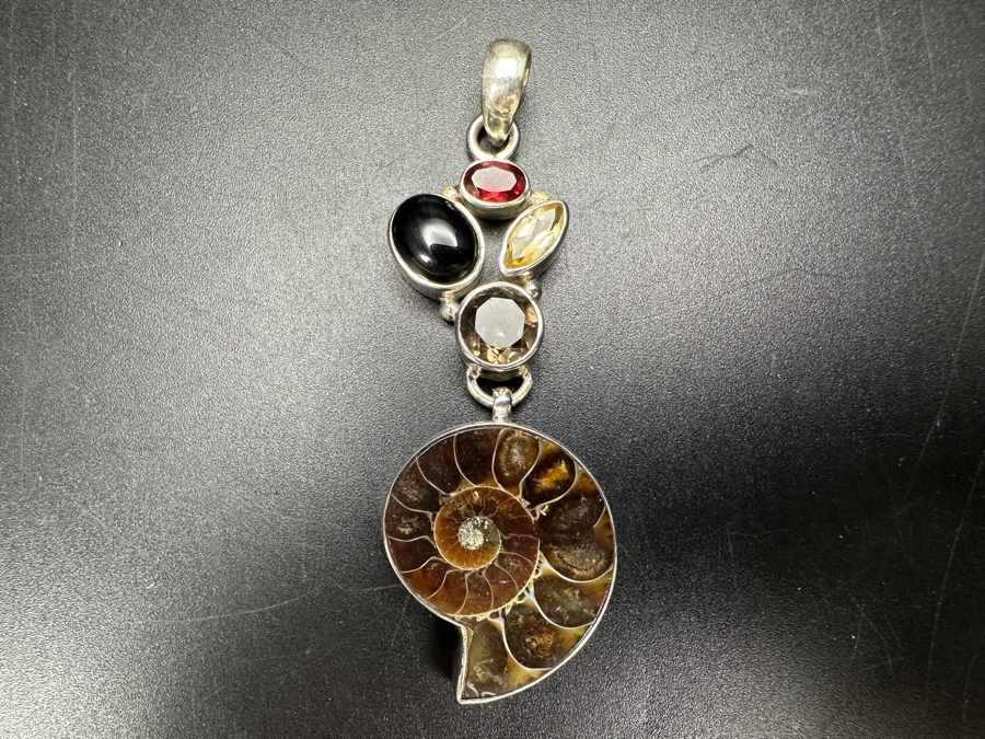 Handmade Sterling Silver Pendant With Ammonite Fossil Shell And Various Stones 12.2g Retails $90 [Photo 2]