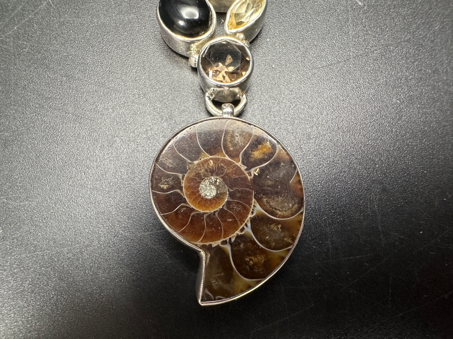 Handmade Sterling Silver Pendant With Ammonite Fossil Shell And Various Stones 12.2g Retails $90 [Photo 3]