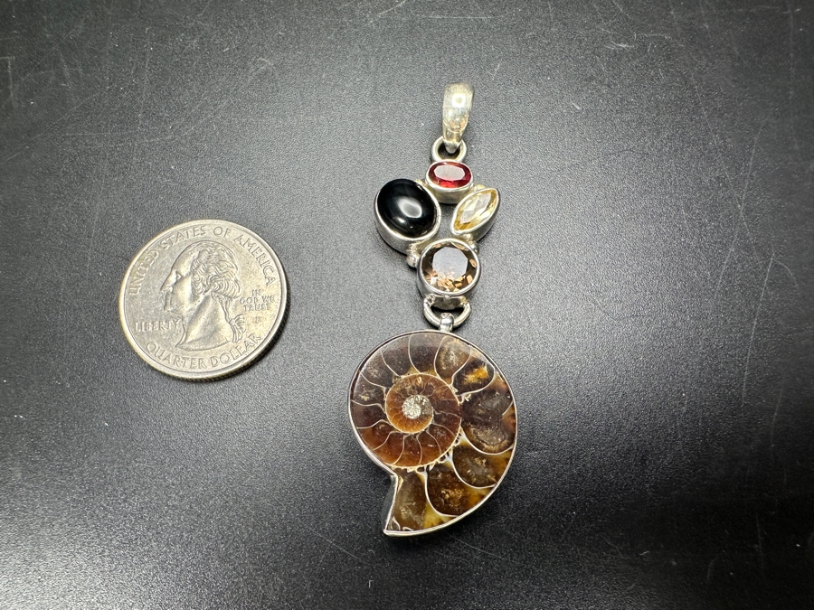 Handmade Sterling Silver Pendant With Ammonite Fossil Shell And Various Stones 12.2g Retails $90 [Photo 8]