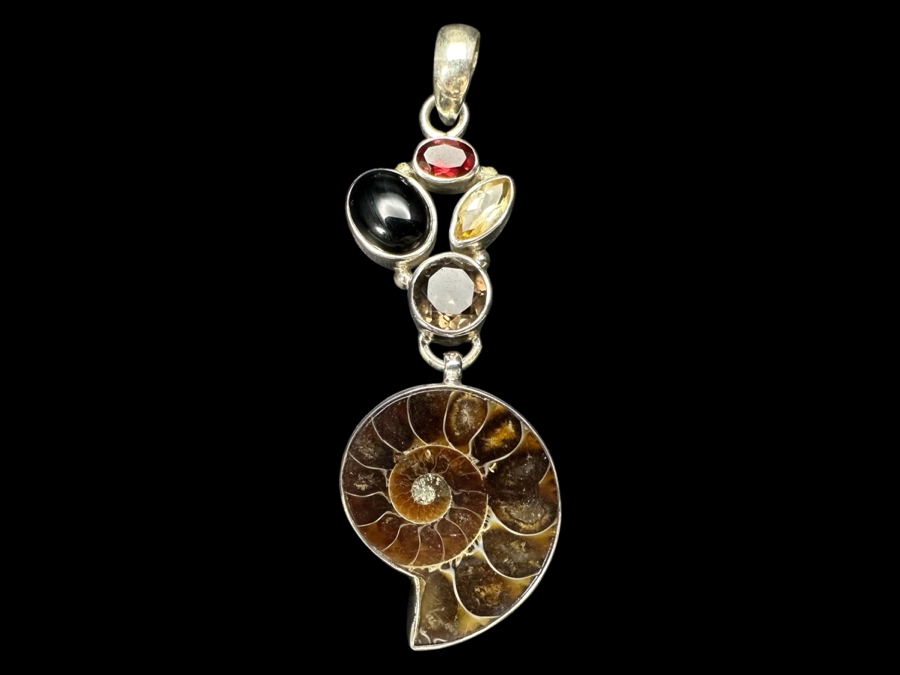 Handmade Sterling Silver Pendant With Ammonite Fossil Shell And Various Stones 12.2g Retails $90 [Photo 1]