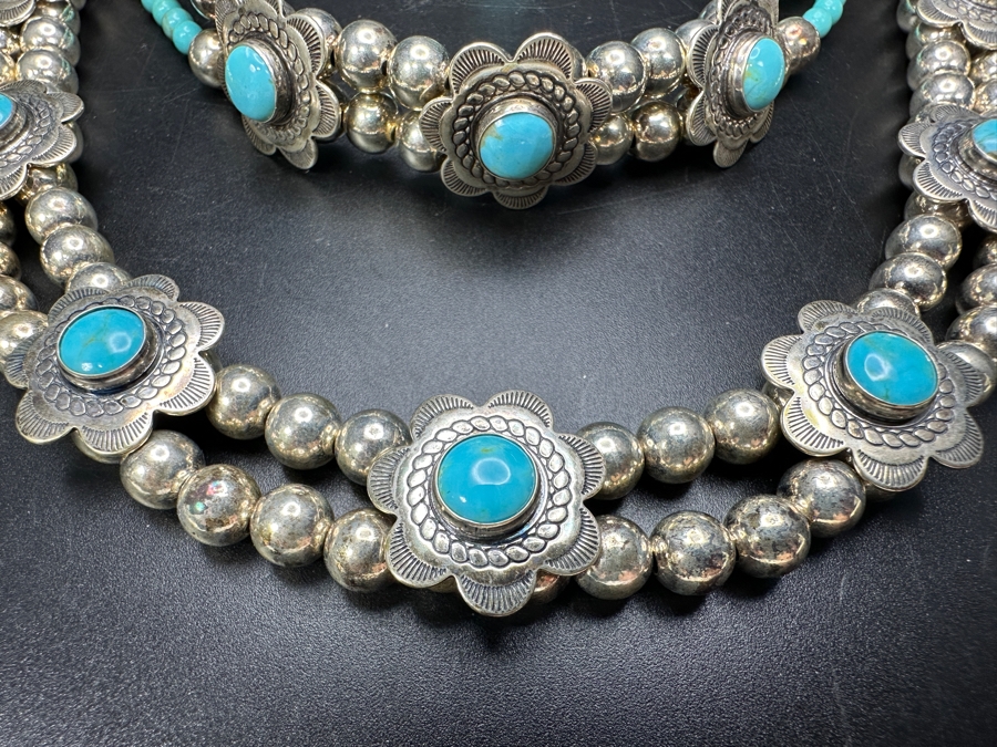 Vintage Sterling Silver And Turquoise 19' Necklace, 7' Bracelet And Ring Size 6.5 Total Weight 78.2g [Photo 3]