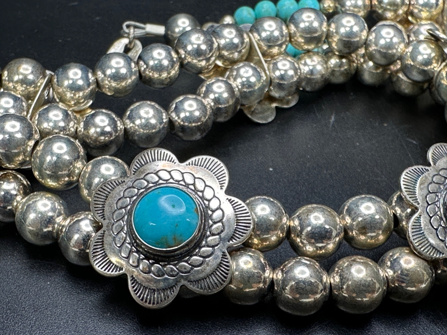 Vintage Sterling Silver And Turquoise 19' Necklace, 7' Bracelet And Ring Size 6.5 Total Weight 78.2g [Photo 10]