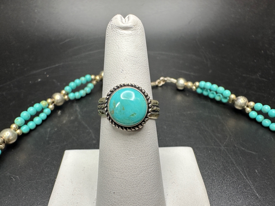 Vintage Sterling Silver And Turquoise 19' Necklace, 7' Bracelet And Ring Size 6.5 Total Weight 78.2g [Photo 5]
