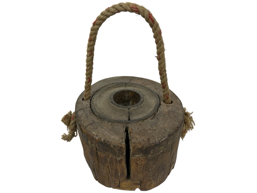 Decorative Wood & Metal Wheel With Rope Handle 11W X 7H